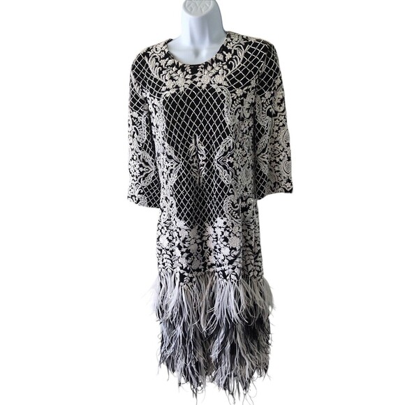 Unbranded White/Black Lace Overlay Feather Detail Lined Dress No Size Tag *Read* - Picture 2 of 13
